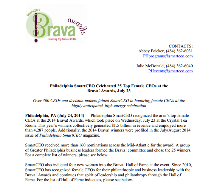 Philadelphia SmartCEO Press Release -  Brava! Awards